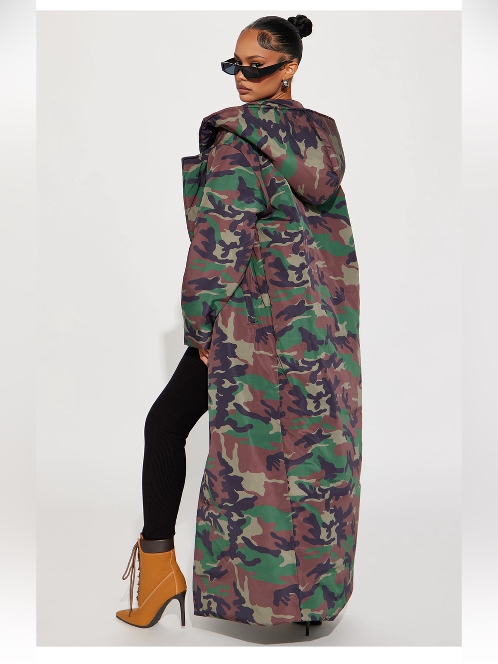 Fashion Nova Green & Brown Camo Long Hooded Trench Coat